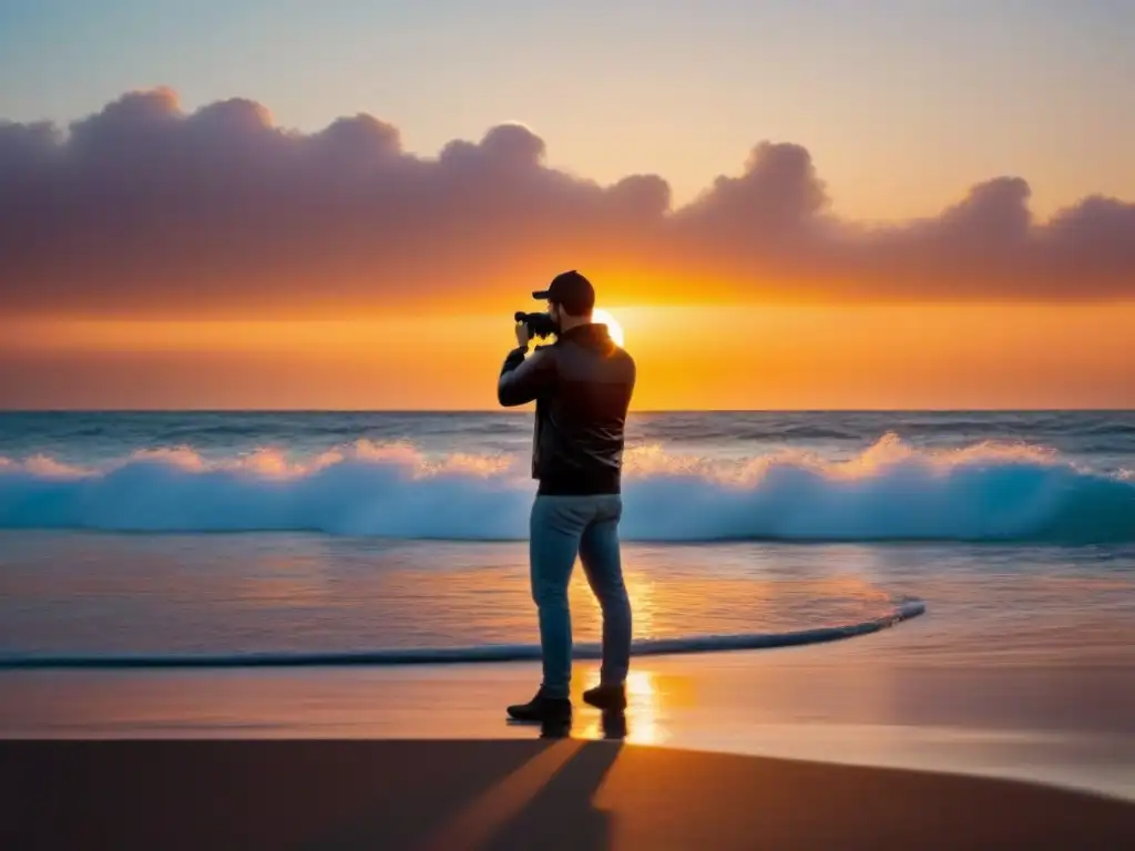 Un fotógrafo profesional captura la belleza de un atardecer sobre el mar, transmitiendo serenidad y destreza