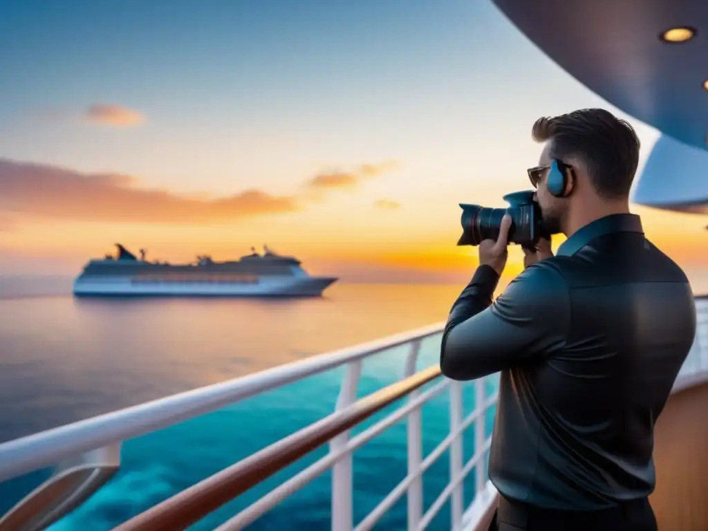 Un fotógrafo profesional ajusta su cámara en un crucero al atardecer