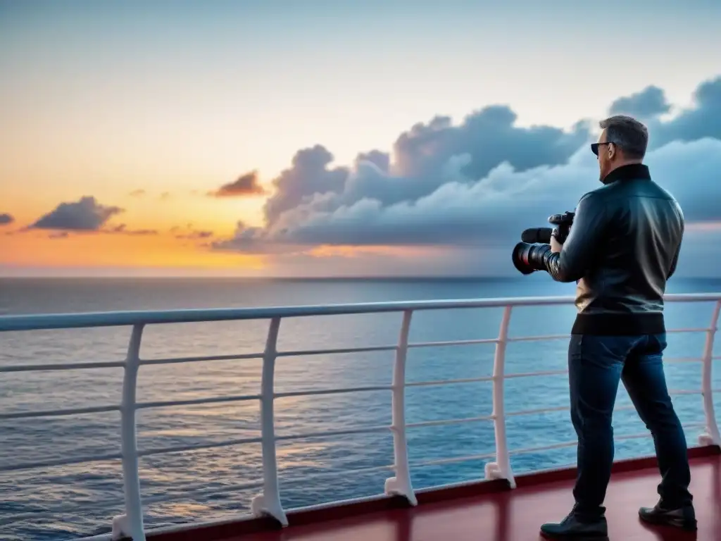 Fotógrafo profesional en crucero capturando un atardecer en el mar