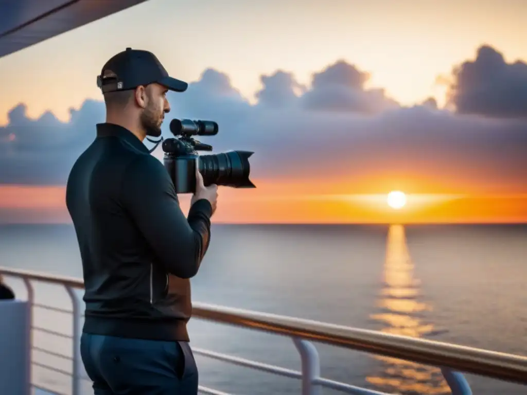 Un fotógrafo profesional en un crucero, capturando la luz dorada sobre el mar en calma al atardecer