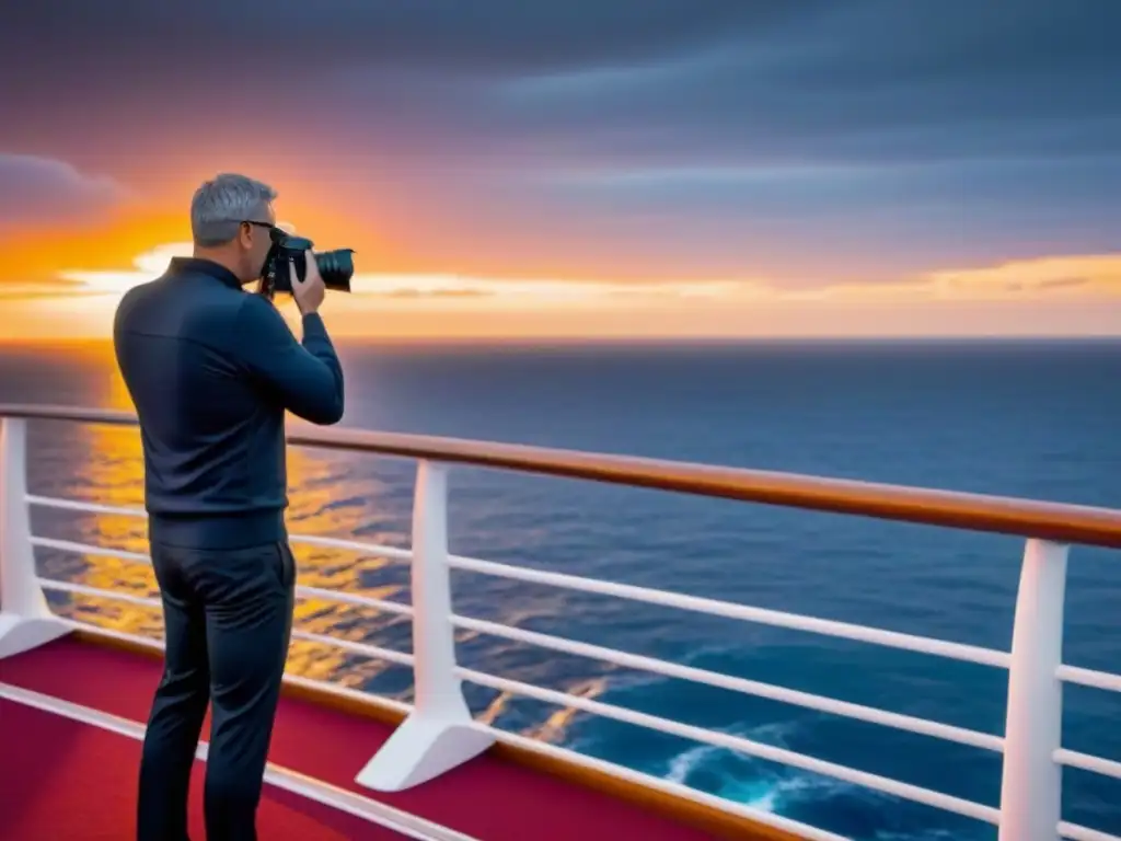 Fotógrafo profesional en crucero capturando un vibrante atardecer sobre el mar