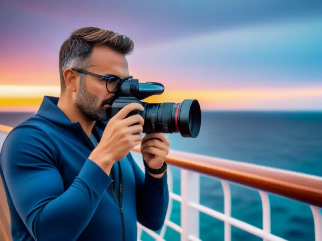 Fotógrafo profesional en cruceros capturando un atardecer impresionante sobre el mar