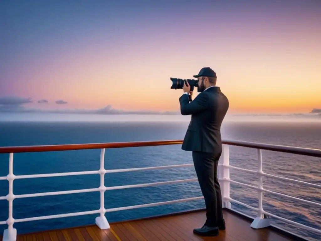 Fotógrafo profesional en cruceros capturando atardecer sobre el mar en hora dorada