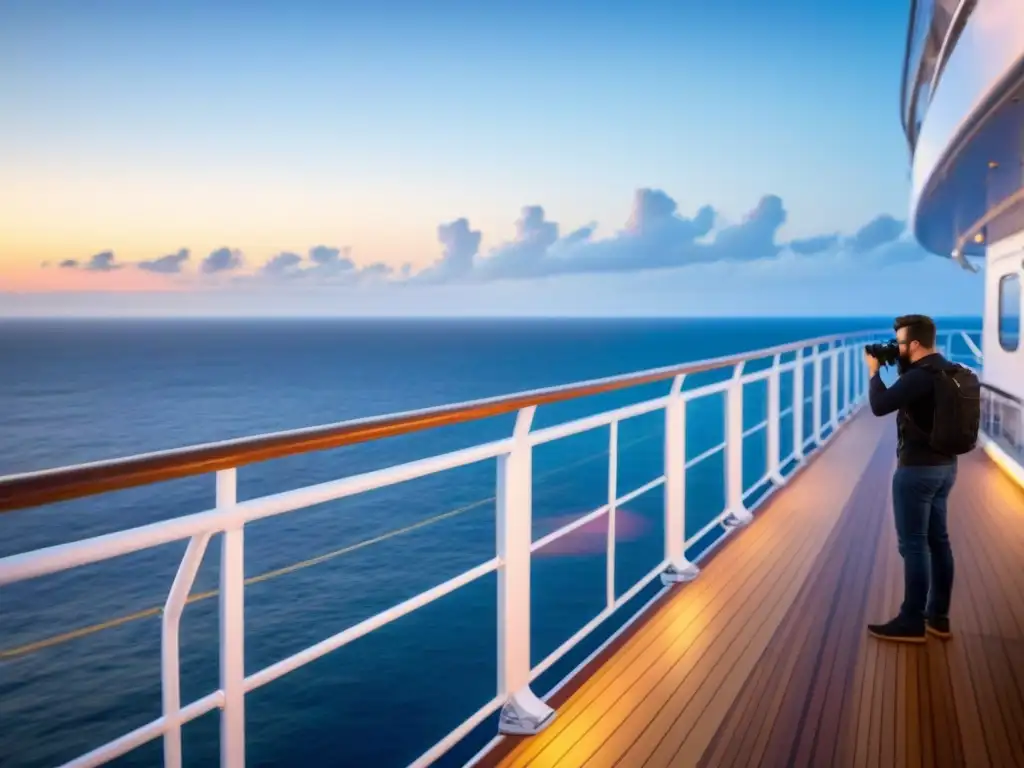 Un fotógrafo profesional en cruceros capturando la hora dorada en cubierta al atardecer