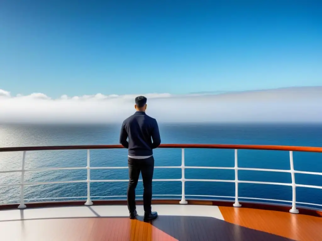 Un fotógrafo profesional en cruceros, capturando momentos a bordo, con el mar y cielo azul de fondo