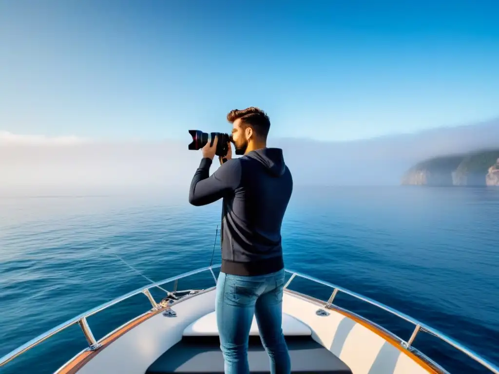 Un fotógrafo profesional en un elegante bote, capturando la belleza del mar