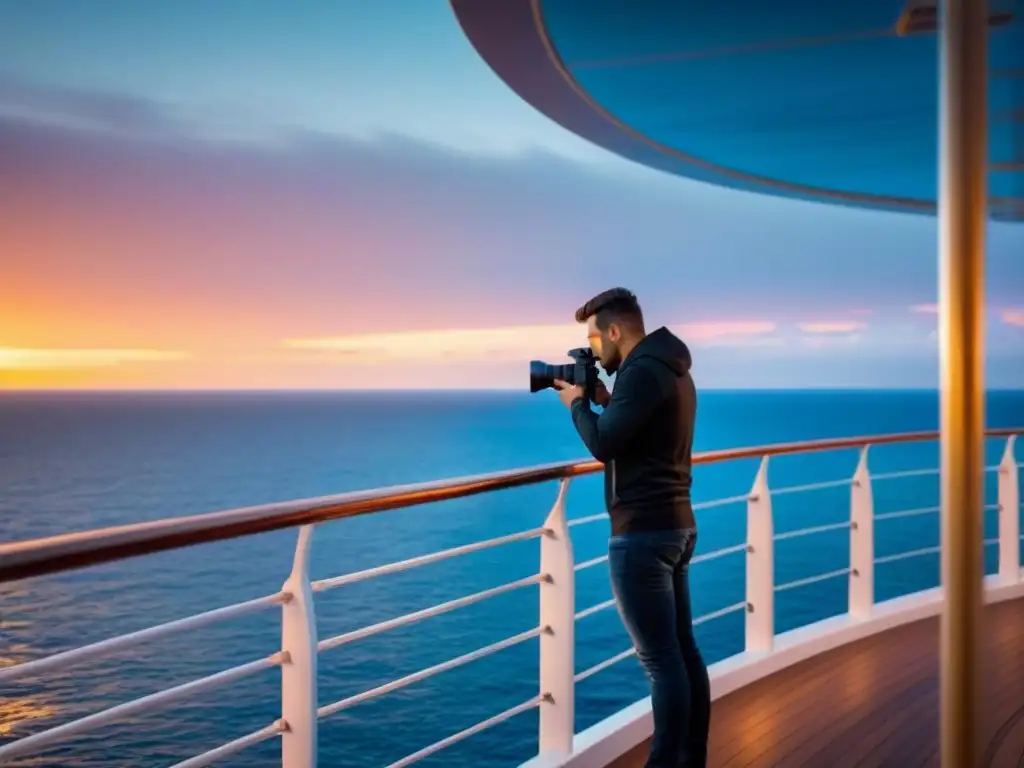 Un fotógrafo profesional capturando una impresionante puesta de sol en cubierta de crucero