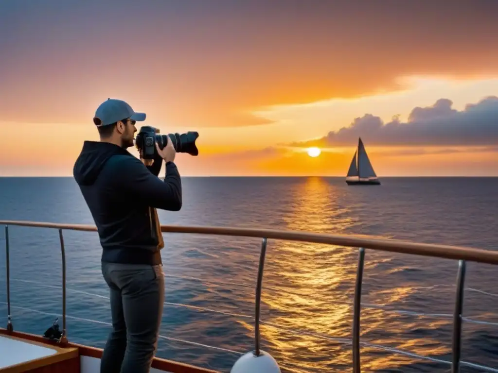 Un fotógrafo profesional capturando la magia de un atardecer en un velero