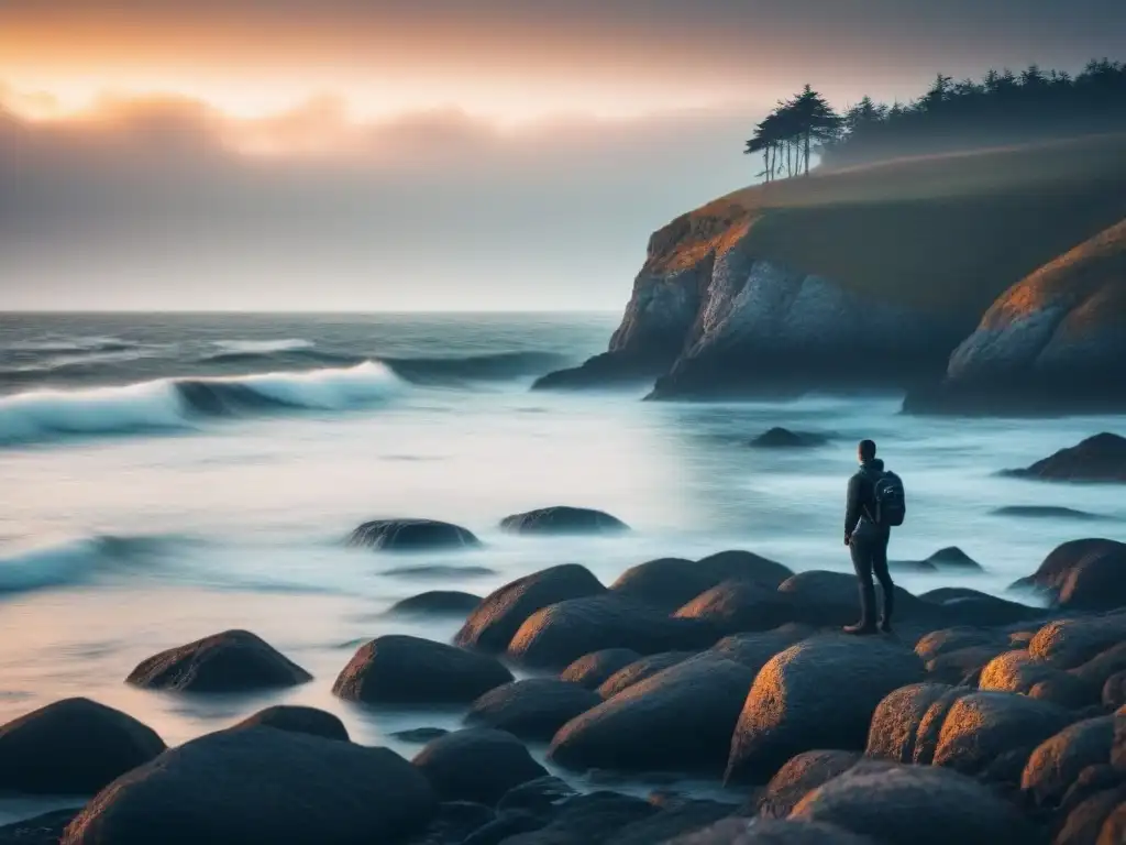 Un fotógrafo profesional capturando la serenidad del amanecer en la costa, listo para inmortalizar el paisaje marítimo