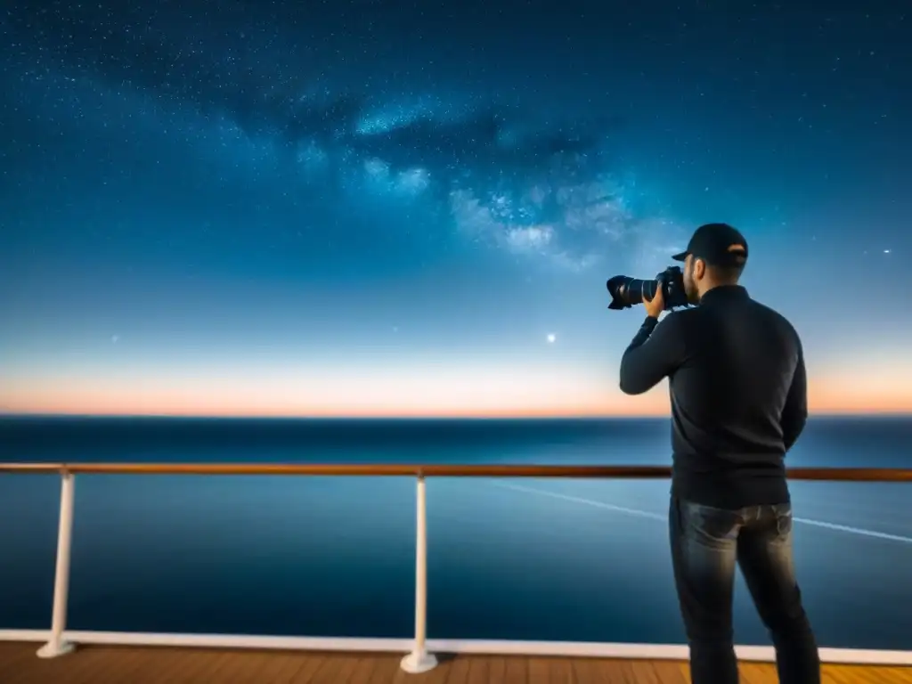 Un fotógrafo solitario captura el cielo estrellado desde un crucero de noche