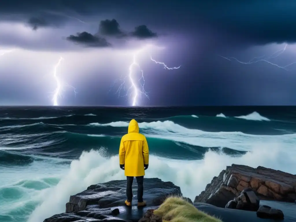 Fotógrafo capturando tormentas marítimas extremas en acantilado rocoso durante tormenta