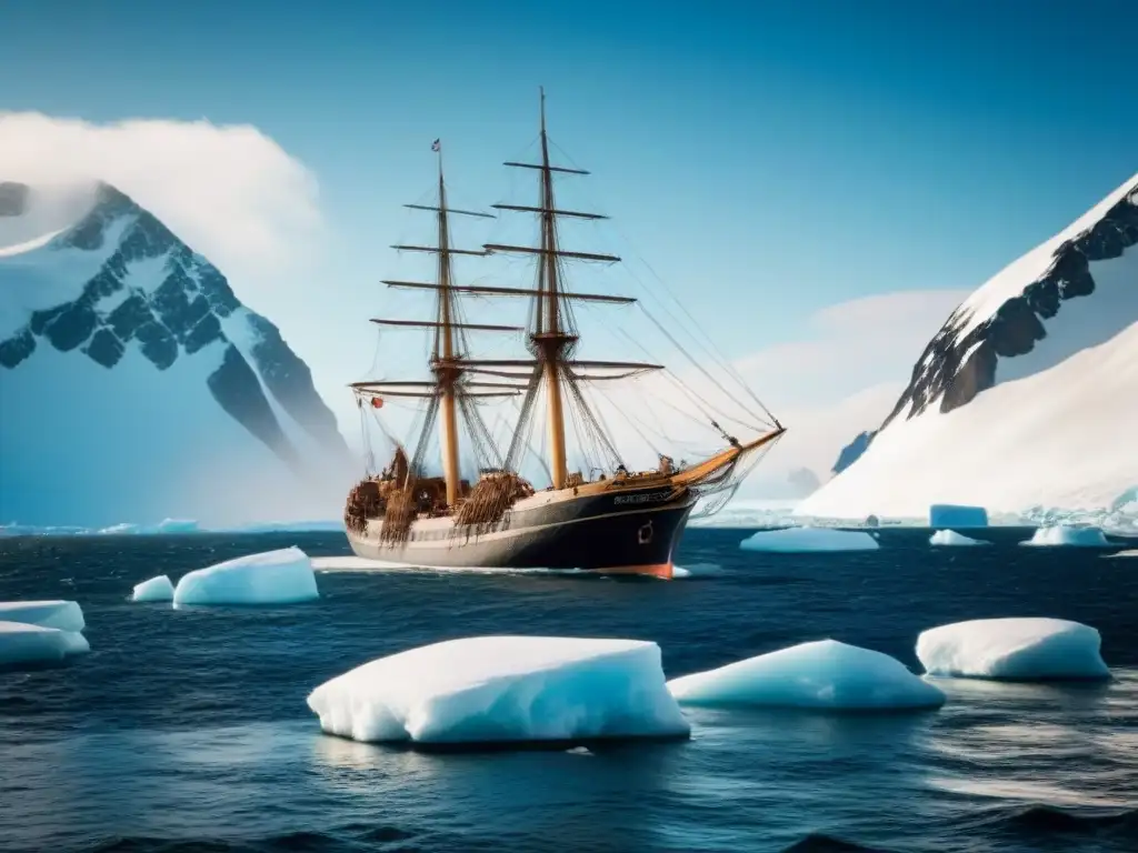 La frágil nave Endurance de Ernest Shackleton atrapada en el hielo de la Antártida, rodeada de un paisaje desolado de montañas y glaciares nevados