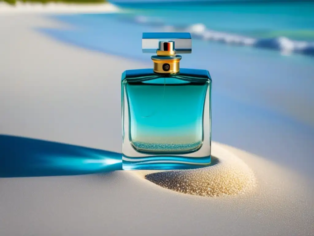 Un frasco de perfume moderno en una playa paradisíaca