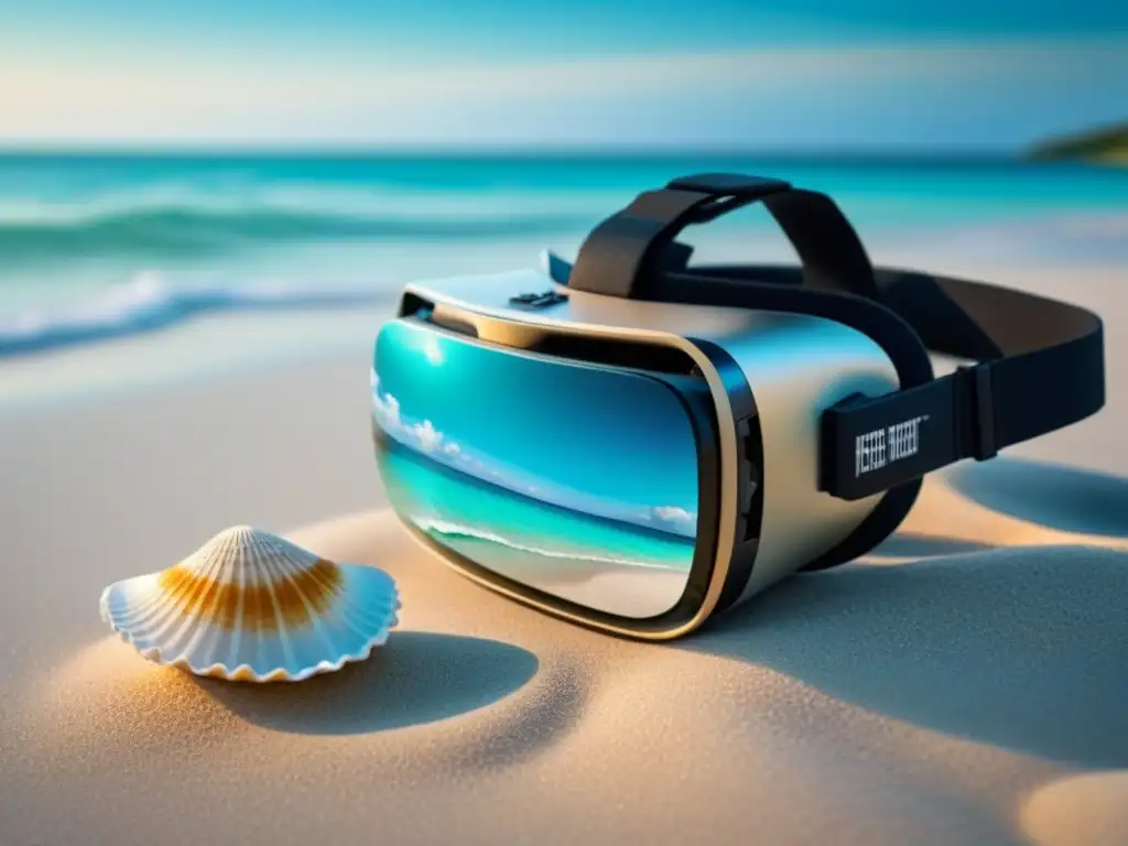 Descubre la fusión de tecnología y naturaleza con un auricular de realidad virtual en una playa tranquila