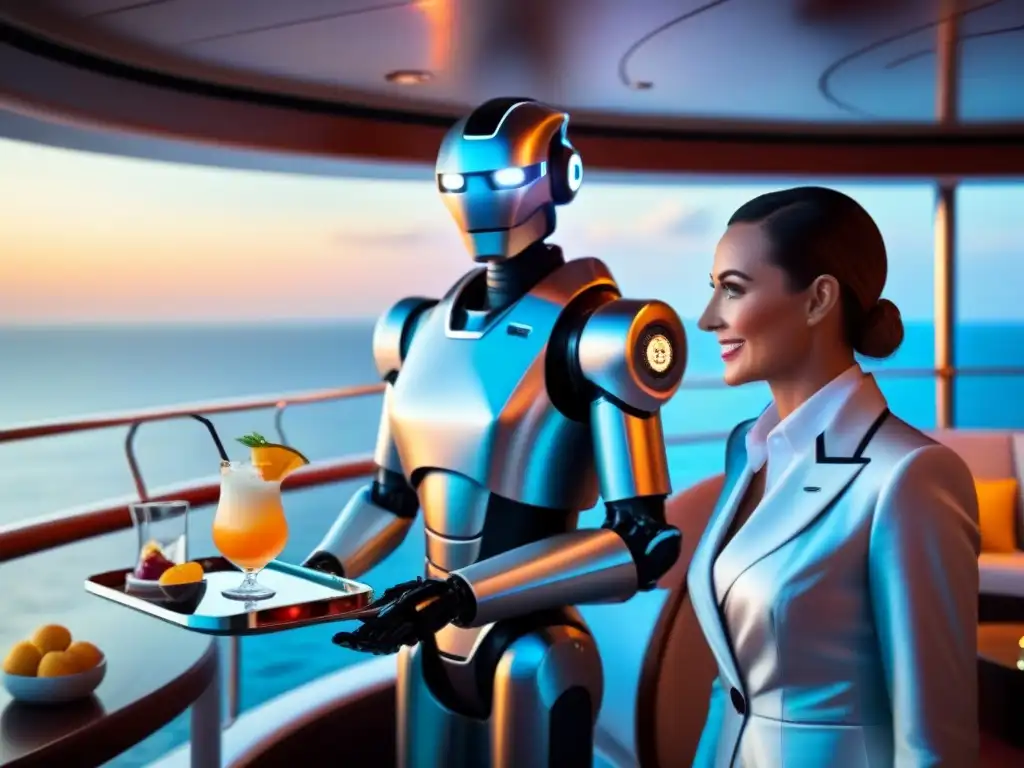 Un robot butler futurista sirviendo cócteles a pasajeros elegantes en un crucero de lujo al atardecer