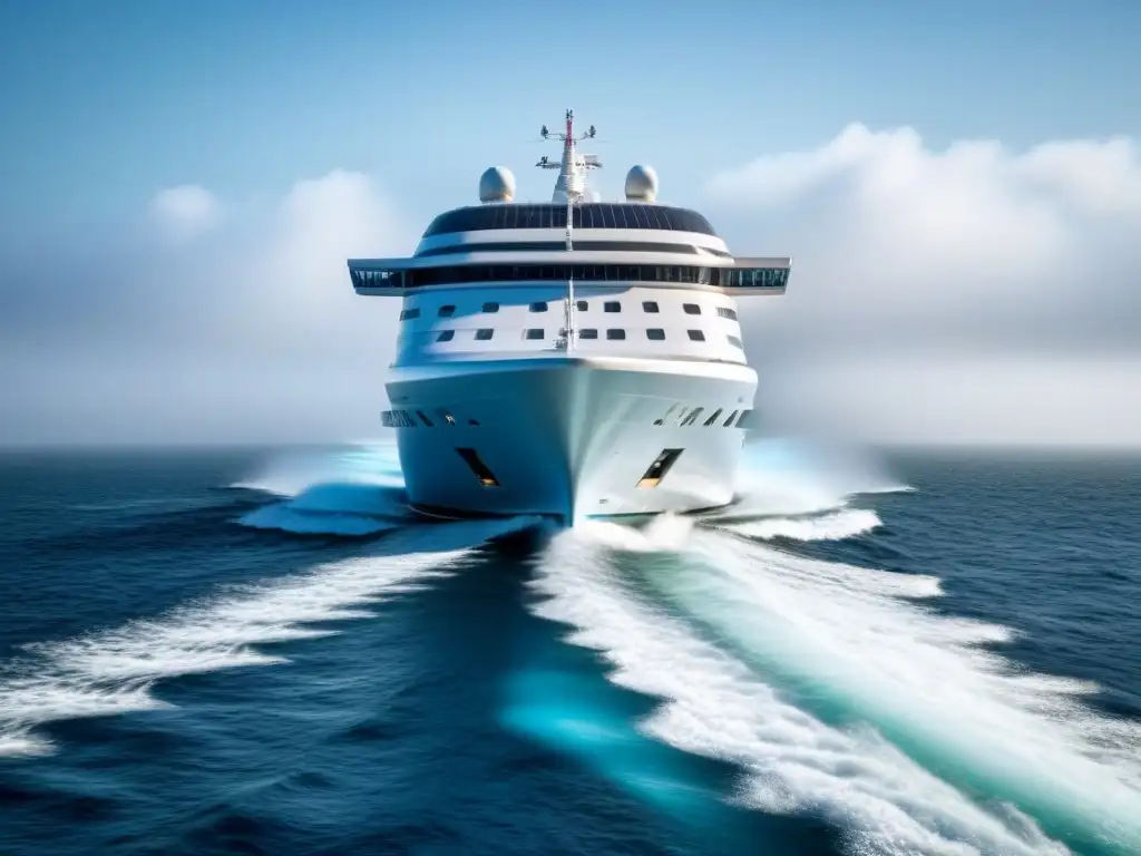 Diseño futurista de crucero con automatización en diseño de cruceros, líneas limpias y tecnología innovadora en un entorno sereno oceánico