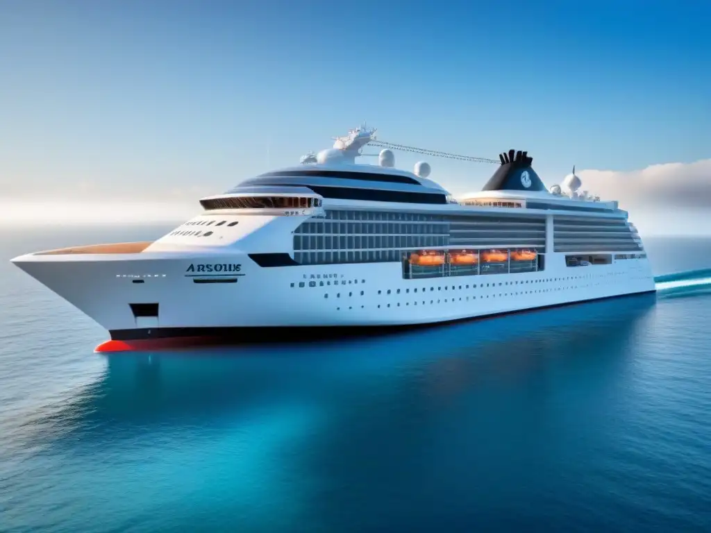 Diseño futurista de crucero con automatización en diseño de cruceros, líneas limpias y ventanas amplias sobre aguas azules