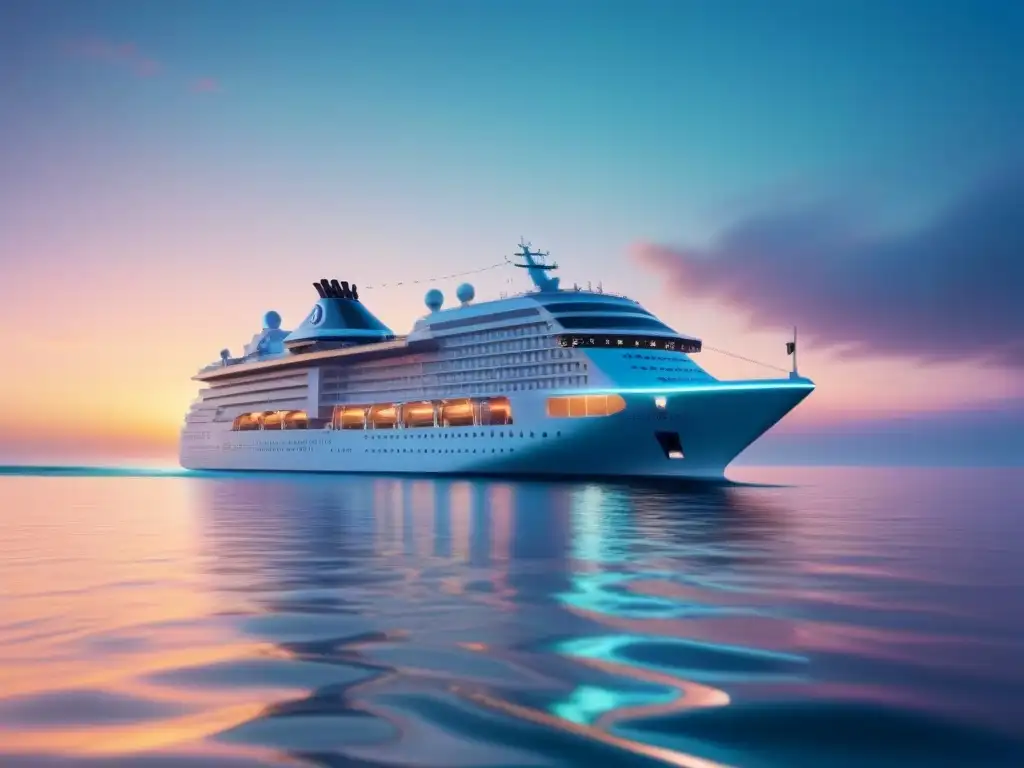 Futurista crucero avanza con propulsión magnética en aguas cristalinas al atardecer