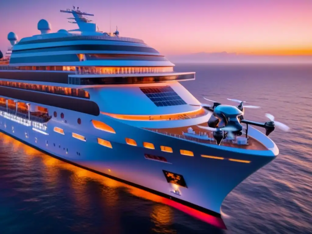 Futurista dron capturando la belleza de un crucero al atardecer