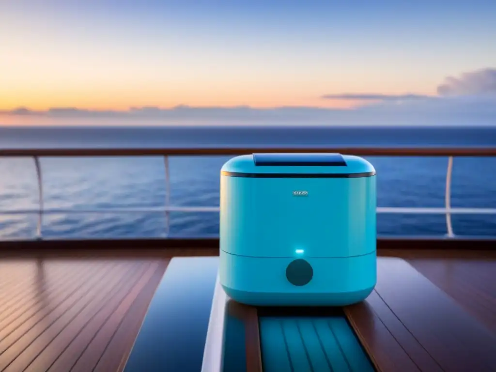 Gadget imprescindible para crucero: purificador de agua solar en cubierta con vista al mar y atardecer