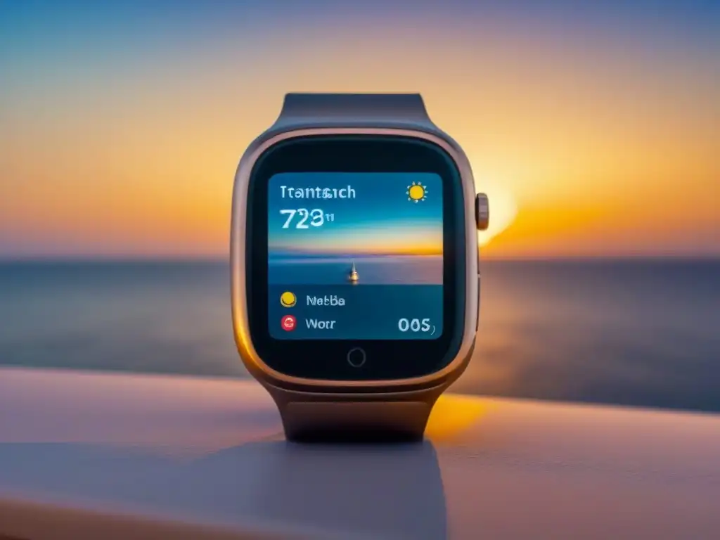 Gadgets imprescindibles para crucero: un reloj inteligente de alta tecnología con itinerario y crucero al atardecer