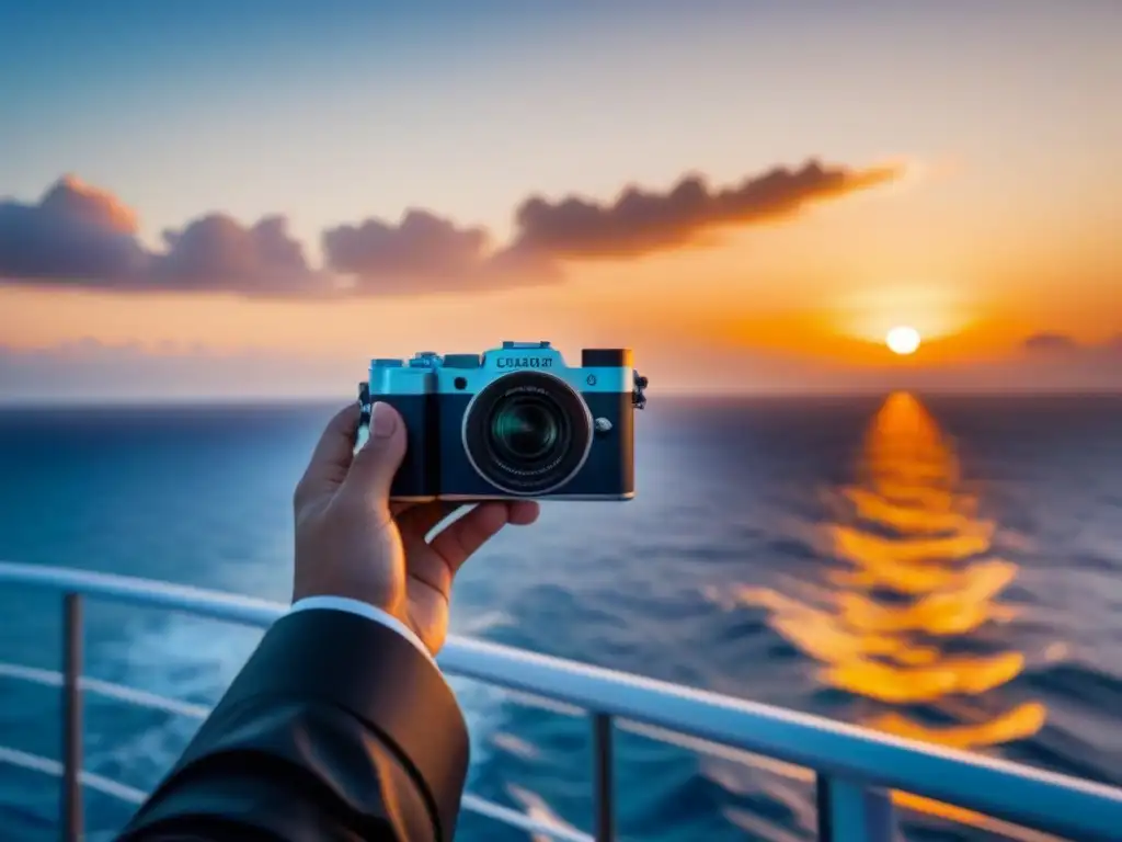 Gadgets imprescindibles para crucero: Cámara resistente capturando un atardecer en un lujoso barco