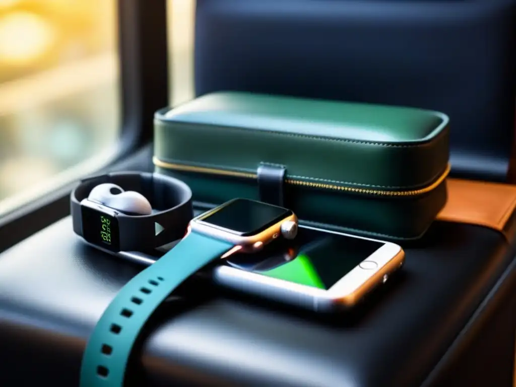 Accesorios de lujo para viajes: smartwatch, auriculares y cargador portátil Gadgets de lujo para crucero: smartwatch, auriculares y cargador en organizador de viaje de cuero