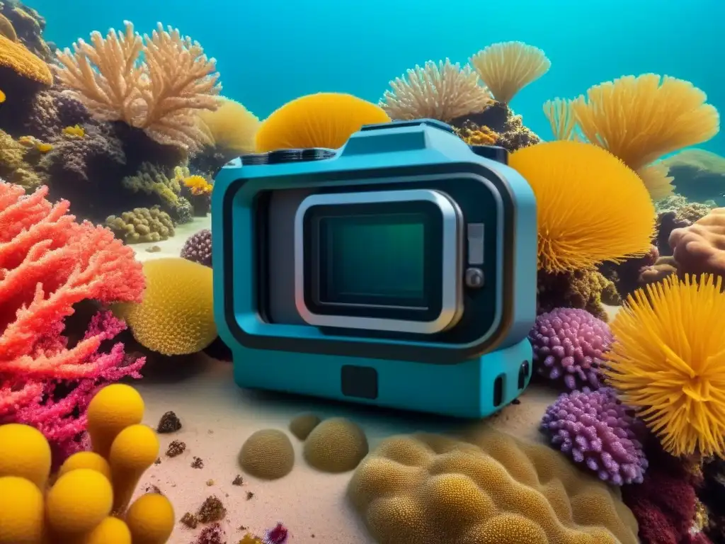 Gadgets para fotografía submarina: Cámara moderna bajo el mar rodeada de vida marina y arrecifes de coral vibrantes