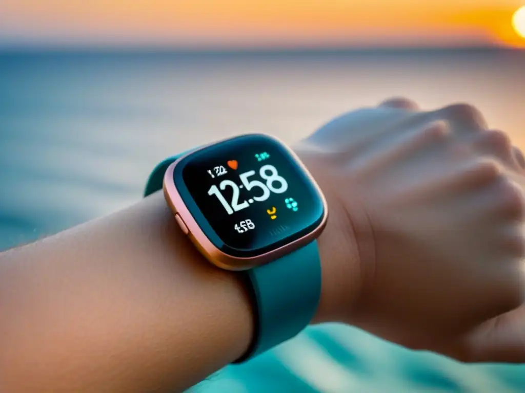 Gadgets tecnológicos para cruceros: Fitbit Versa 3 mostrando datos de salud frente a un paisaje marino con un crucero al fondo