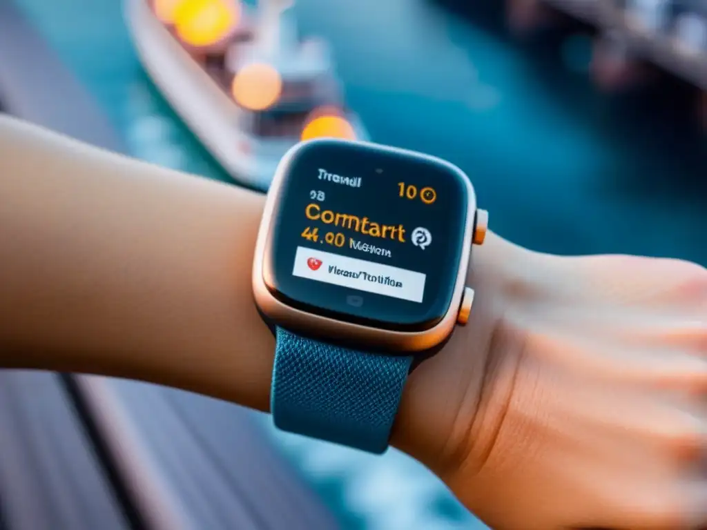 Gadgets tecnológicos para cruceros: Smartwatch moderno con itinerario de crucero personalizable en pantalla, sobre una superficie de madera pulida