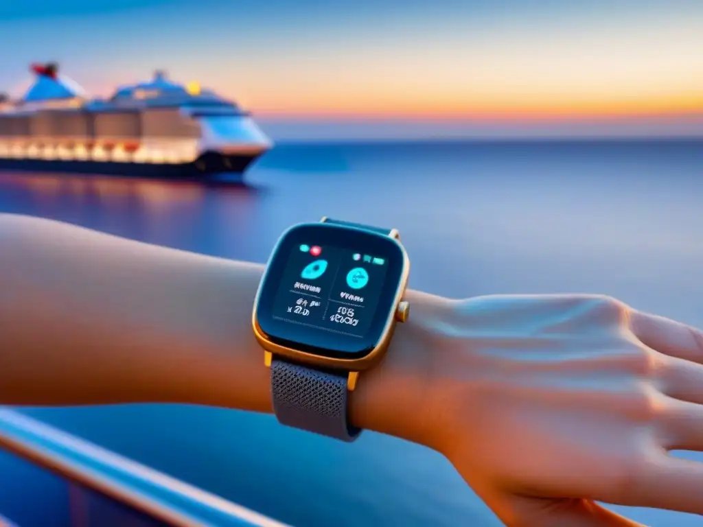 Gadgets tecnológicos para cruceros: Reloj inteligente de alta tecnología con itinerario personalizable en un lujoso crucero nocturno en alta mar