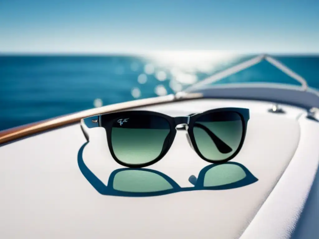 Gafas de sol para cruceros: elegantes gafas negras sobre yate blanco, reflejando el lujo y la serenidad del mar