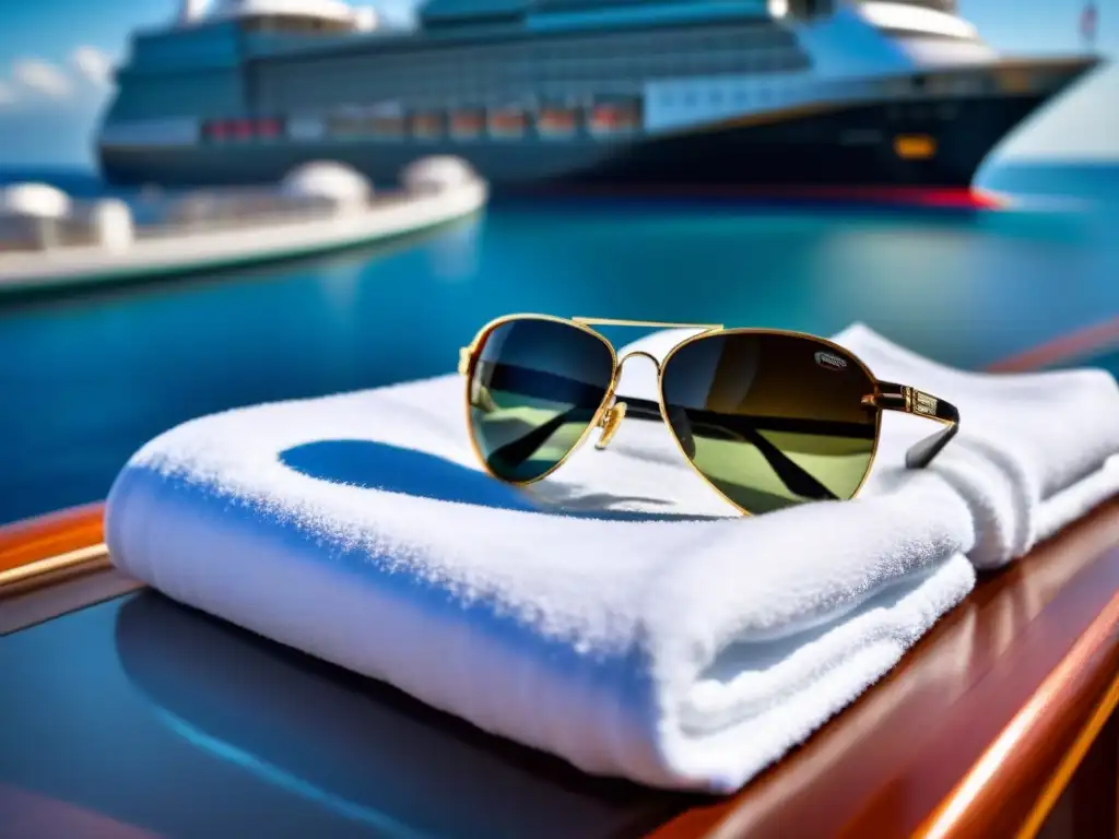 Gafas de sol para cruceros: elegantes anteojos de diseñador sobre una toalla blanca en cubierta de crucero de lujo, con el mar de fondo