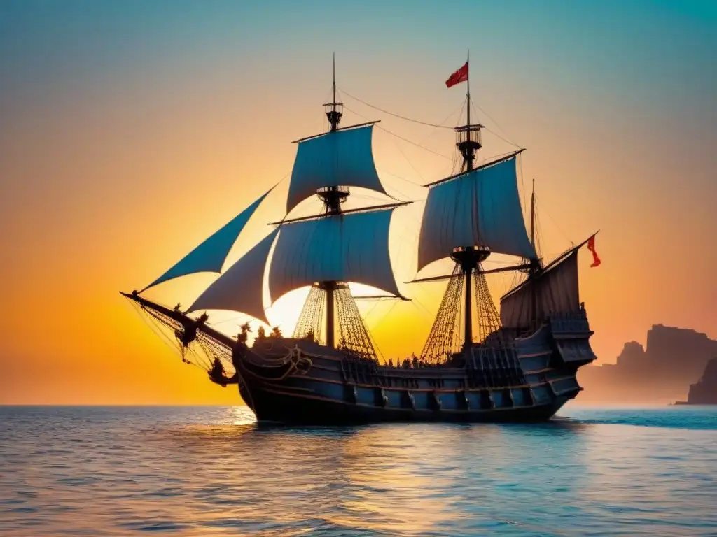 Un galeón antiguo navega en aguas cristalinas al atardecer con ruinas y castillos de fondo