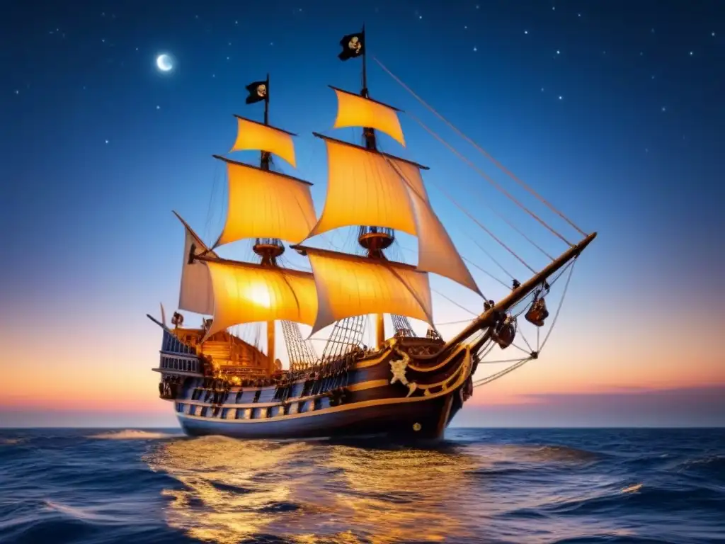 Barco pirata en alta mar bajo la noche estrellada Un galeón pirata majestuoso surca el mar bajo un cielo estrellado, evocando leyendas marítimas de cruceros temáticos