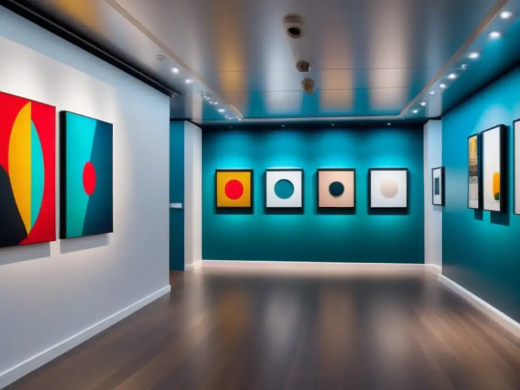 Galería de arte minimalista en crucero de lujo, con vibrantes pinturas modernas y esculturas elegantes en un ambiente sofisticado