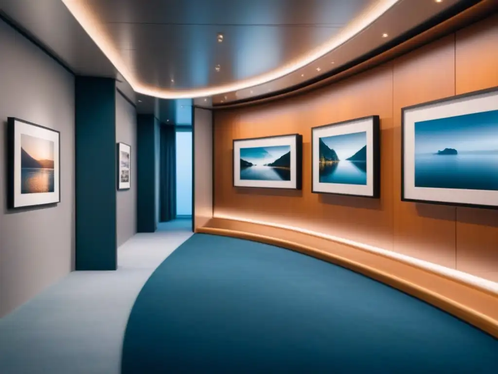 Una galería de arte minimalista en un crucero de lujo, con elegancia y sofisticación