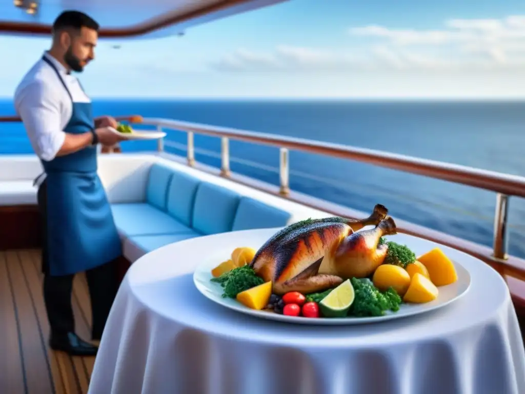 Disfruta de la gastronomía en cruceros marítimos con una vista serena del mar y una elegante comida en el fondo