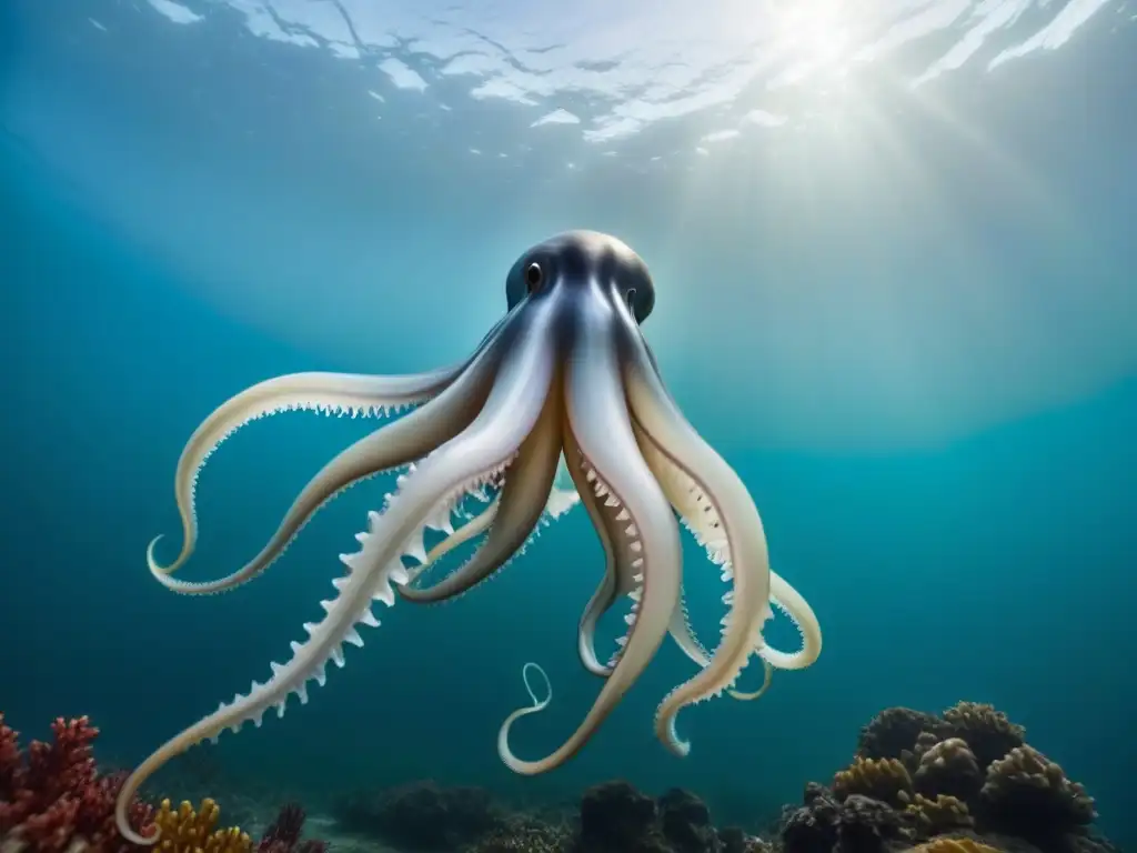Fotografiar Calamares Gigantes en Cruceros: Imponente calamar gigante deslizándose elegante en aguas profundas, rodeado de flora y fauna marina