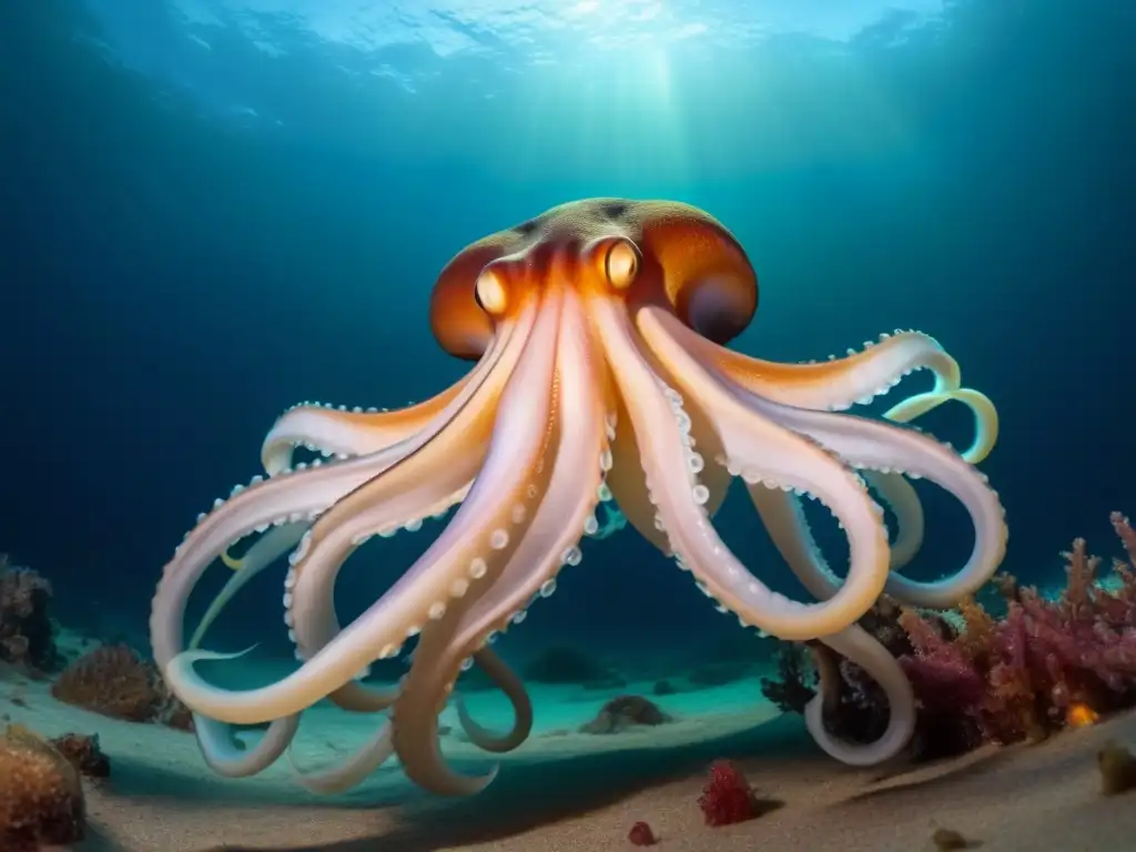 Fotografiar Calamares Gigantes en Cruceros: Majestuoso calamar gigante nadando en el océano profundo, rodeado de bioluminiscencia