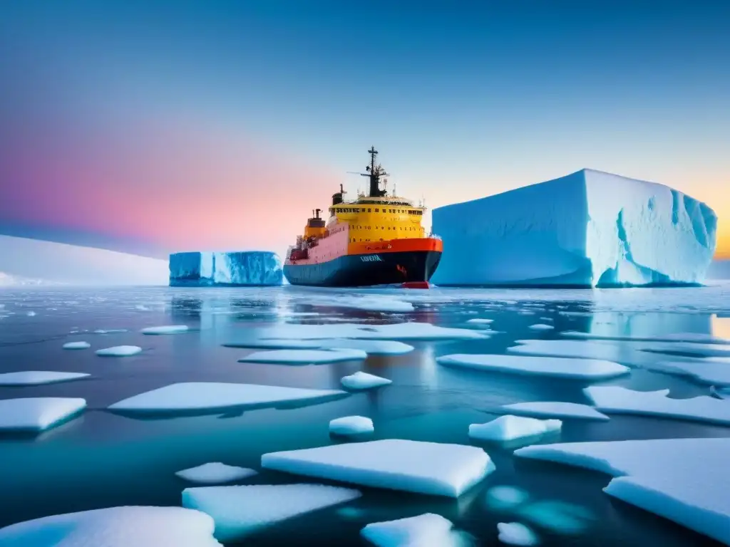 Un gigantesco crucero de exploración polar rompiendo el hielo en un paisaje nevado y desolado al atardecer