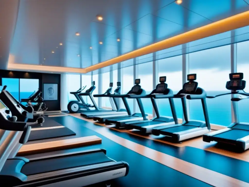 Un gimnasio moderno en un crucero de lujo con equipamiento de última generación y vista al mar