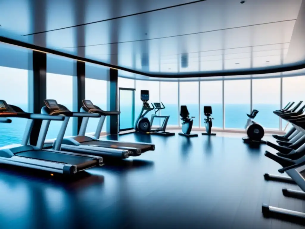 Un gimnasio de vanguardia en un crucero de lujo, con vistas al mar y equipamiento moderno