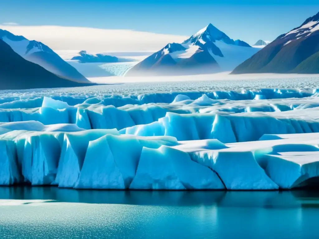 Glaciar majestuoso en Alaska, reflejando la luz del sol con aves marinas, destinos cruceros descuentos última hora