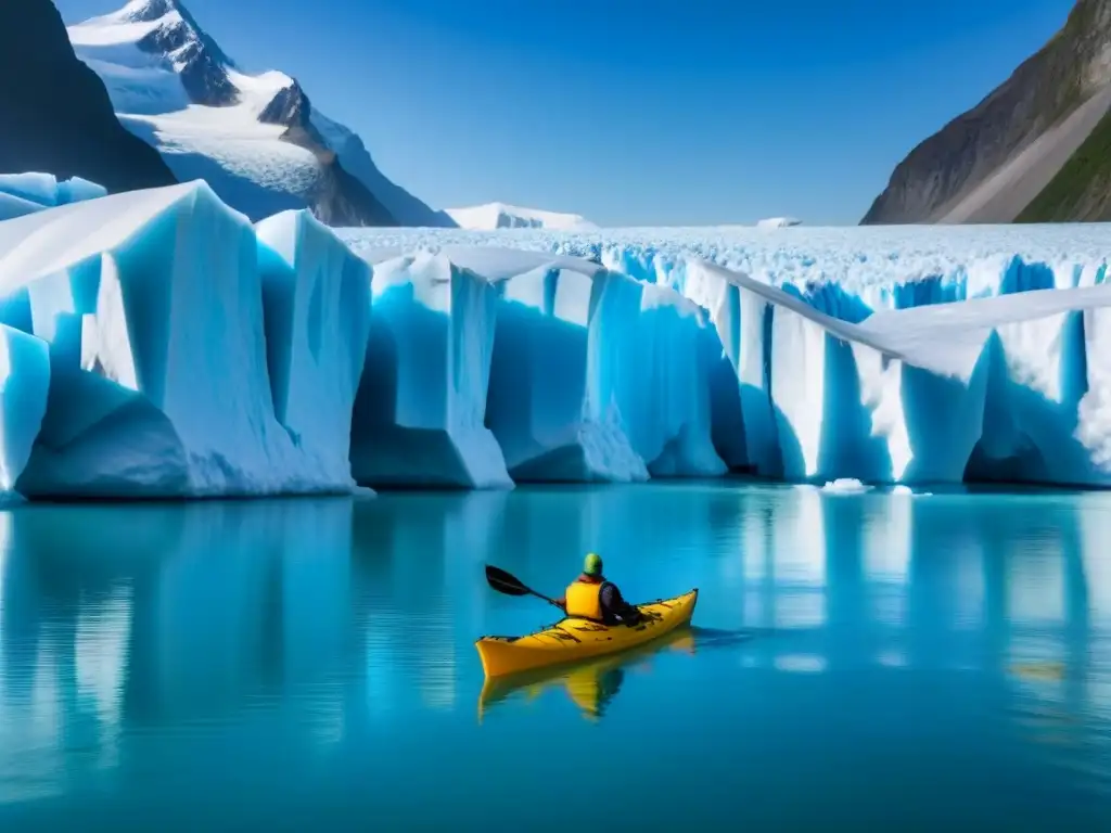 Kayak entre glaciares: Navegando en aguas cristalinas rodeado de majestuosos glaciares, una escena serena y minimalista