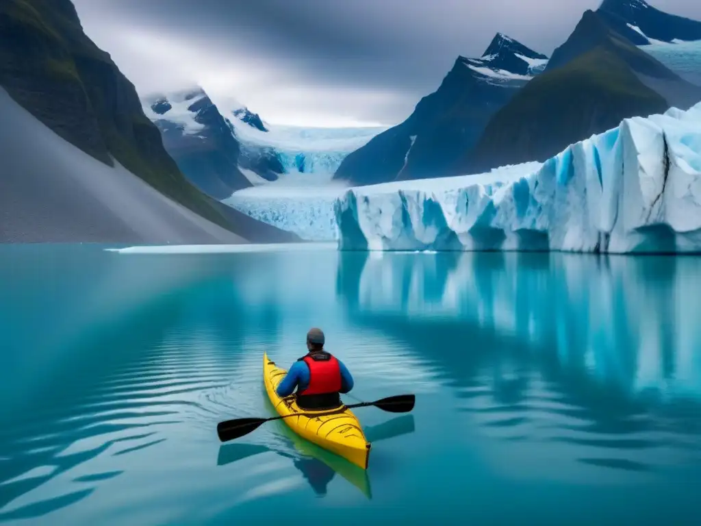 Kayak entre glaciares: aventura y armonía en aguas cristalinas con majestuosos picos de hielo reflejados