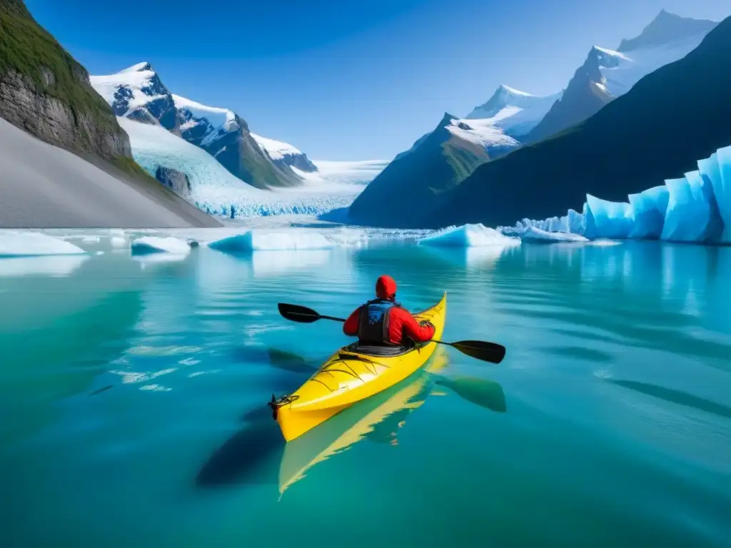 Kayak entre glaciares turismo marítimo: un kayak solitario surca aguas cristalinas rodeado de majestuosos glaciares