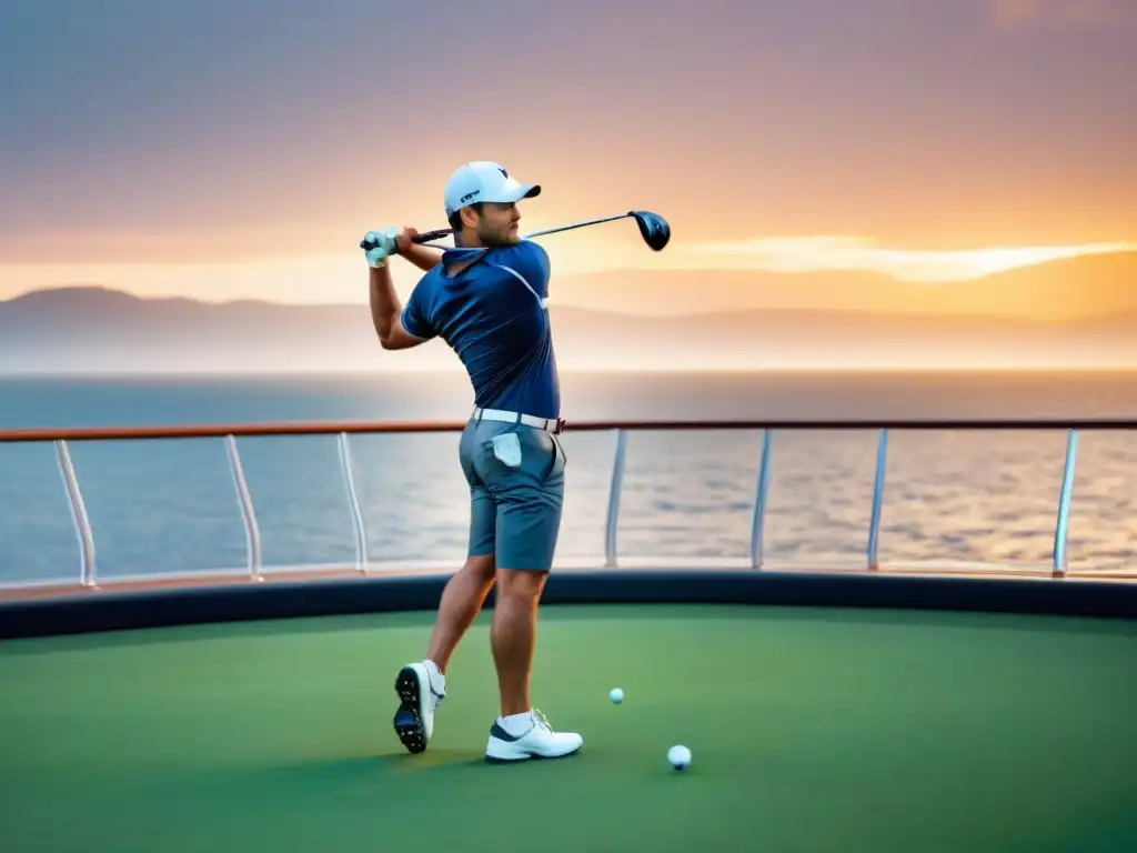 Un golfista profesional en pleno swing al atardecer en un crucero de lujo, que transmite exclusividad y precisión