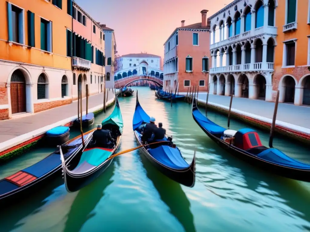 Góndolas en canales de Venecia, reflejos de la arquitectura en aguas serenas al atardecer