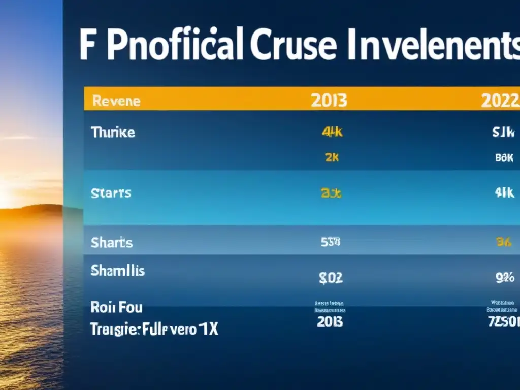 Gráfico comparativo elegante de inversiones rentables en cruceros 2023 en tonos azul marino, plata y oro